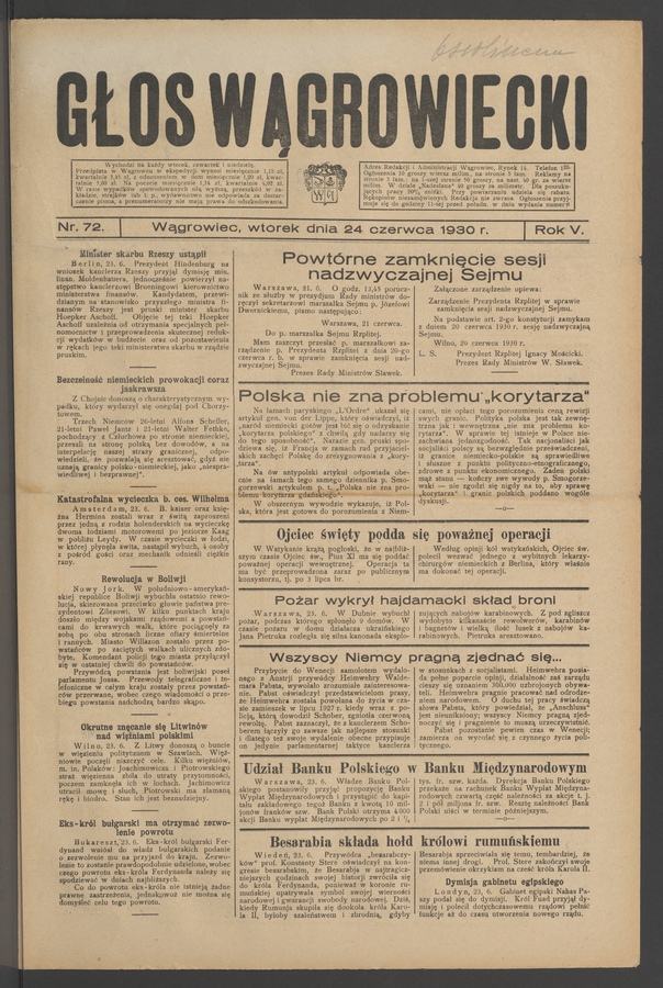 Głos Wągrowiecki. Rok 5, 1930, numer 72
