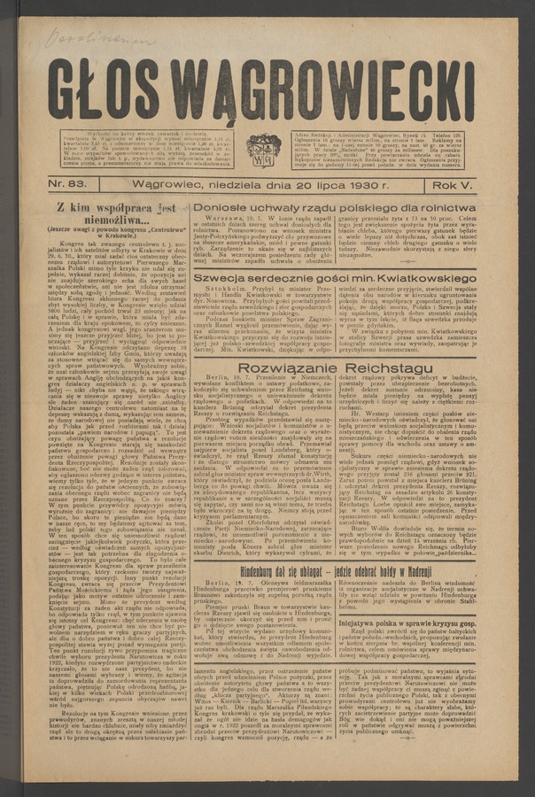 Głos Wągrowiecki. Rok 5, 1930, numer 83
