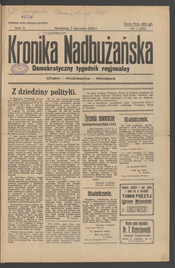 Kronika Nadbużańska : demokratyczny tygodnik regjonalny. Rok 2, 1934, numer 1