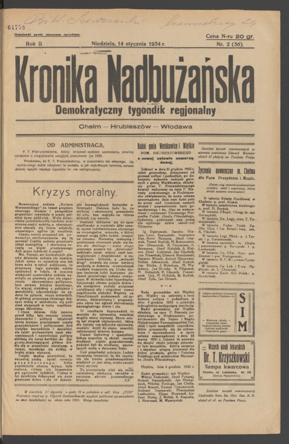Kronika Nadbużańska : demokratyczny tygodnik regjonalny. Rok 2, 1934, numer 2