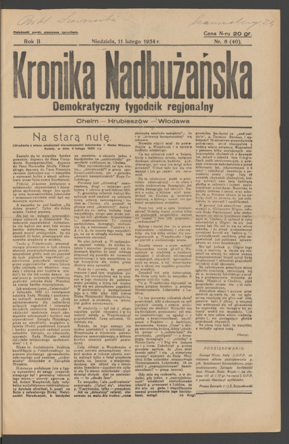 Kronika Nadbużańska : demokratyczny tygodnik regjonalny. Rok 2, 1934, numer 6