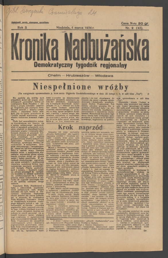 Kronika Nadbużańska : demokratyczny tygodnik regjonalny. Rok 2, 1934, numer 9