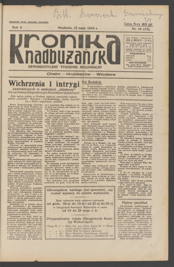 Kronika Nadbużańska : demokratyczny tygodnik regjonalny. Rok 2, 1934, numer 19