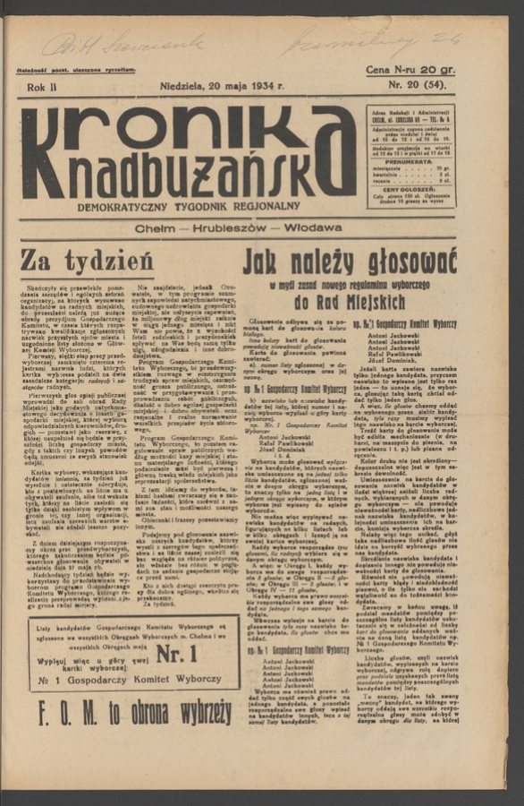 Kronika Nadbużańska : demokratyczny tygodnik regjonalny. Rok 2, 1934, numer 20