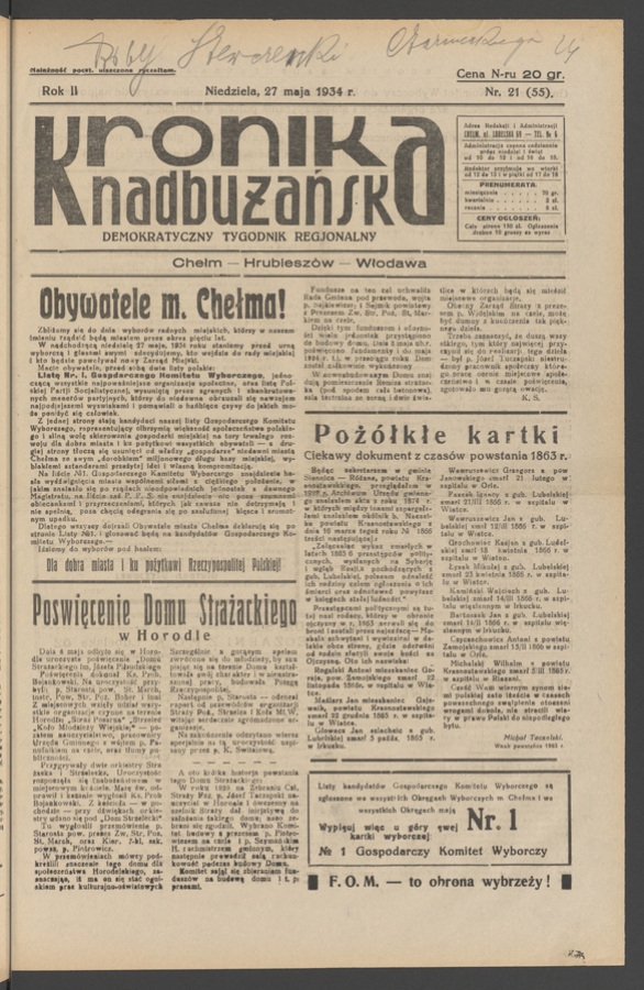 Kronika Nadbużańska : demokratyczny tygodnik regjonalny. Rok 2, 1934, numer 21