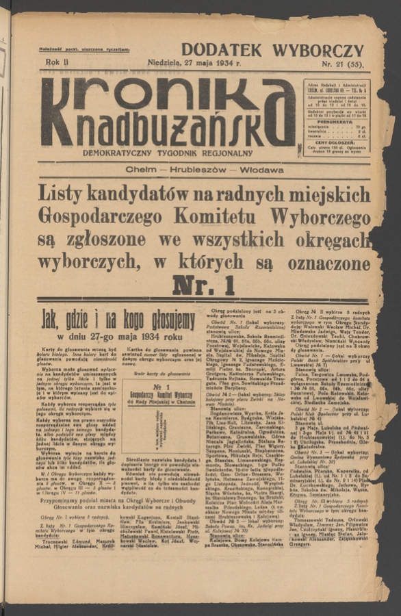 Kronika Nadbużańska : demokratyczny tygodnik regjonalny. Rok 2, 1934, numer 21 (dodatek wyborczy)
