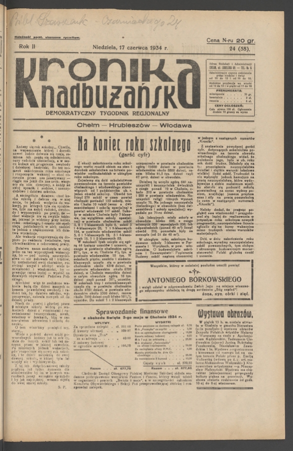 Kronika Nadbużańska : demokratyczny tygodnik regjonalny. Rok 2, 1934, numer 24