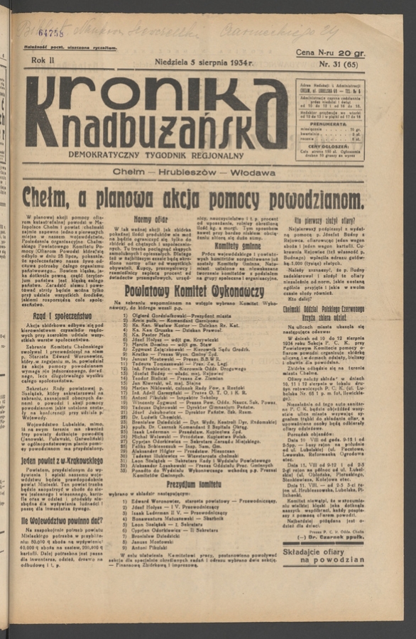 Kronika Nadbużańska : demokratyczny tygodnik regjonalny. Rok 2, 1934, numer 31