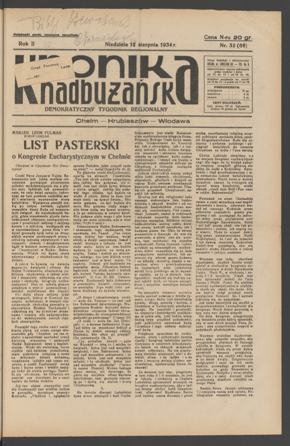 Kronika Nadbużańska : demokratyczny tygodnik regjonalny. Rok 2, 1934, numer 32
