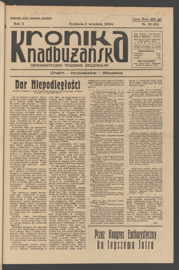 Kronika Nadbużańska : demokratyczny tygodnik regjonalny. Rok 2, 1934, numer 35