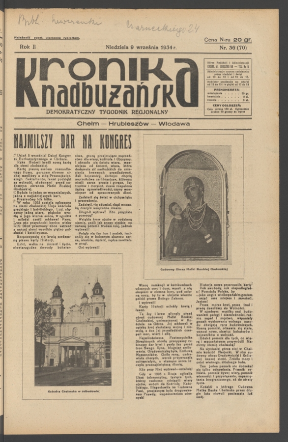 Kronika Nadbużańska : demokratyczny tygodnik regjonalny. Rok 2, 1934, numer 36