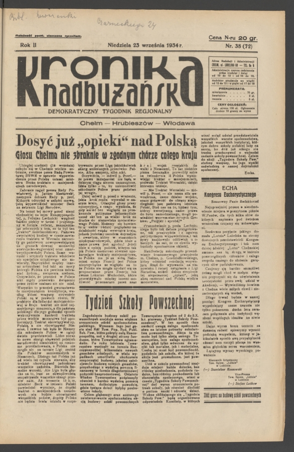 Kronika Nadbużańska : demokratyczny tygodnik regjonalny. Rok 2, 1934, numer 38