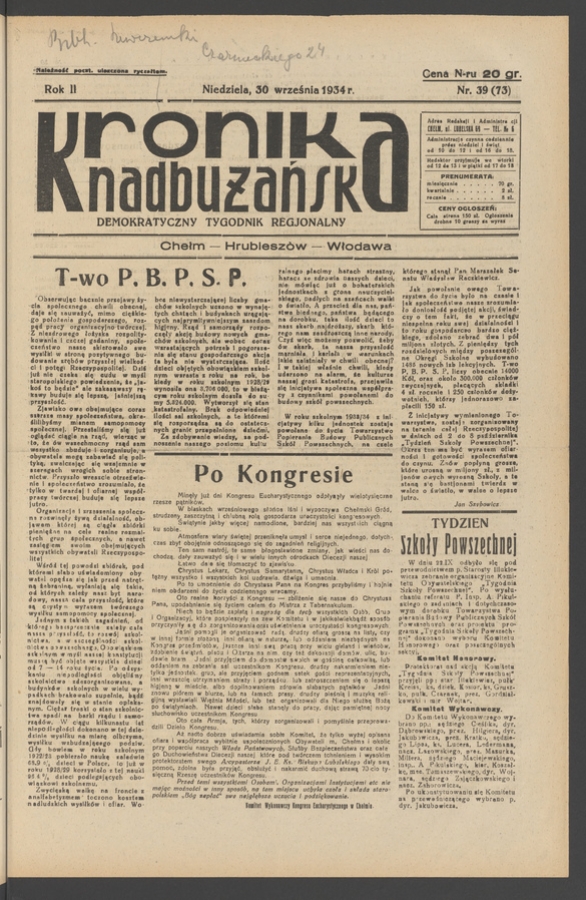Kronika Nadbużańska : demokratyczny tygodnik regjonalny. Rok 2, 1934, numer 39