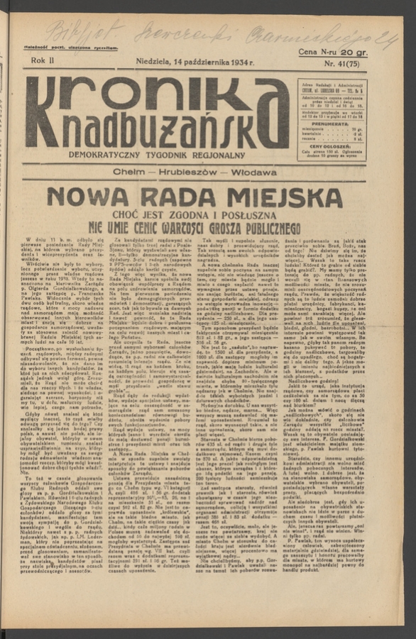 Kronika Nadbużańska : demokratyczny tygodnik regjonalny. Rok 2, 1934, numer 41