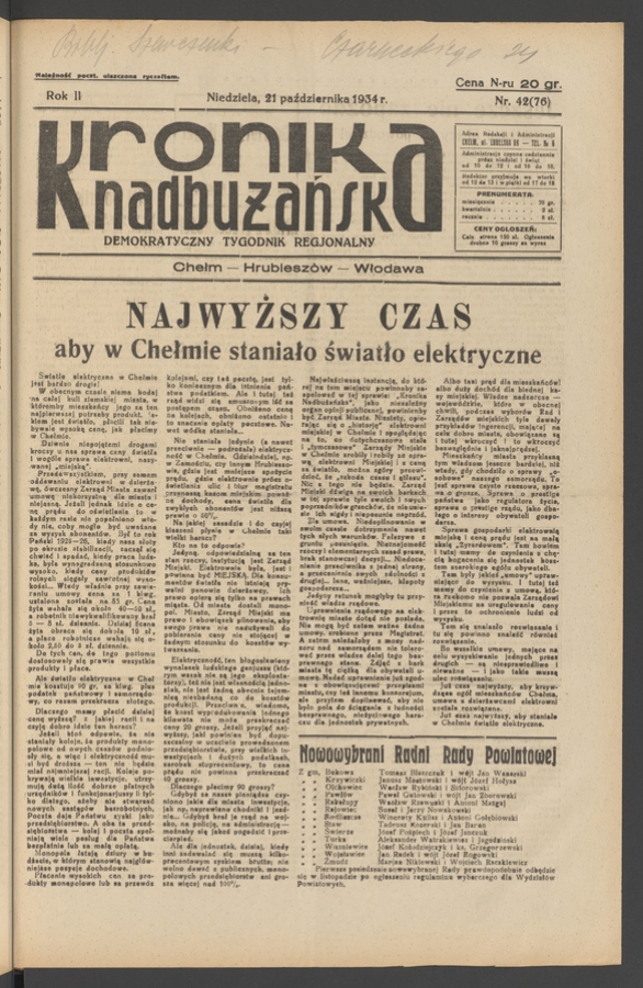 Kronika Nadbużańska : demokratyczny tygodnik regjonalny. Rok 2, 1934, numer 42