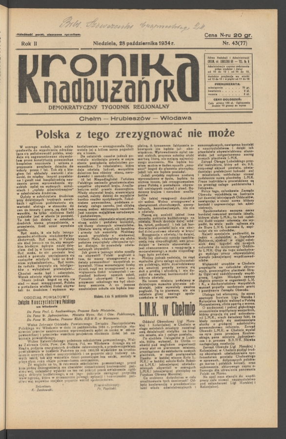 Kronika Nadbużańska : demokratyczny tygodnik regjonalny. Rok 2, 1934, numer 43