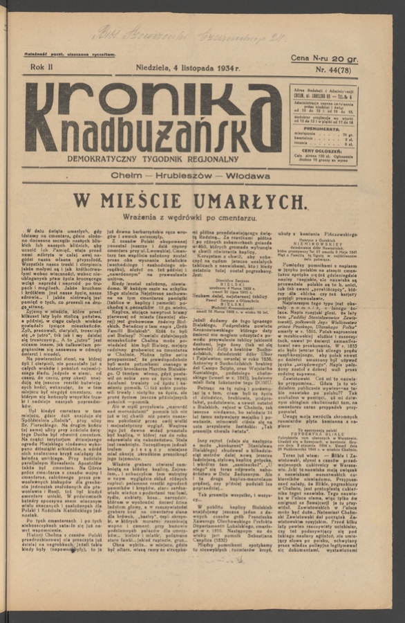 Kronika Nadbużańska : demokratyczny tygodnik regjonalny. Rok 2, 1934, numer 44