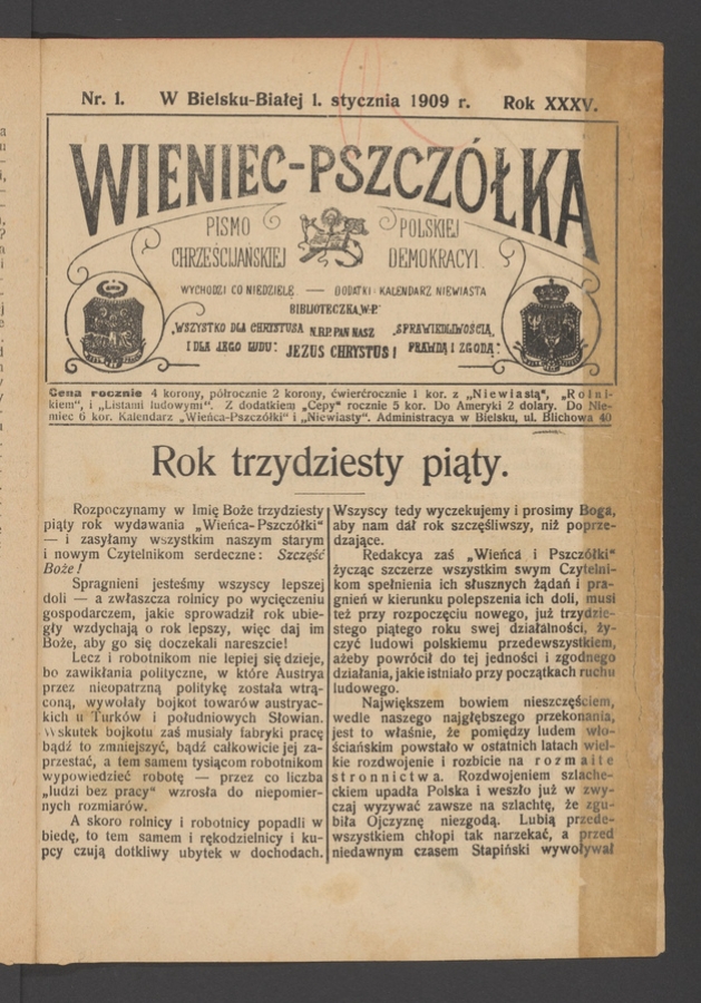 Wieniec-Pszczółka : pismo polskiej chrześcijańskiej demokracyi. Rok 35, 1909, numer 1