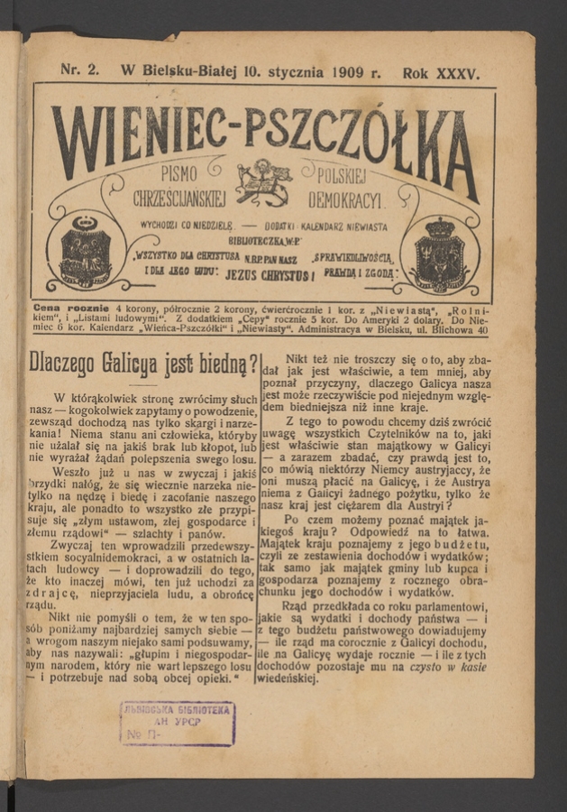 Wieniec-Pszczółka : pismo polskiej chrześcijańskiej demokracyi. Rok 35, 1909, numer 2