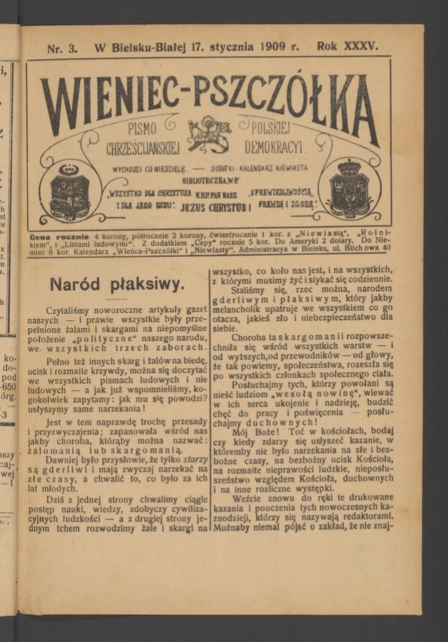 Wieniec-Pszczółka : pismo polskiej chrześcijańskiej demokracyi. Rok 35, 1909, numer 3