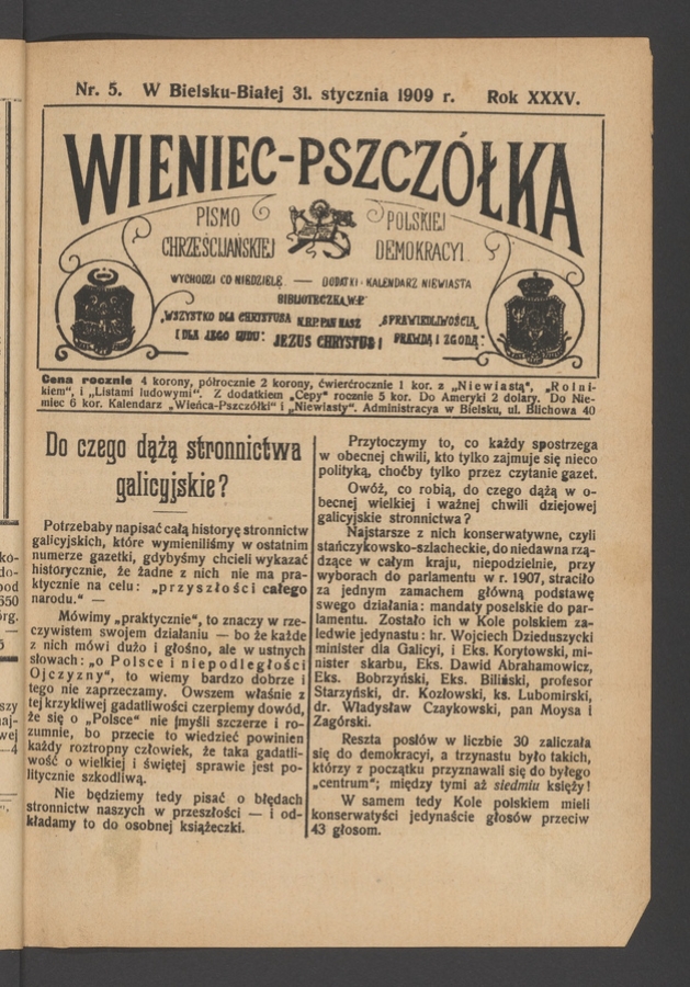 Wieniec-Pszczółka : pismo polskiej chrześcijańskiej demokracyi. Rok 35, 1909, numer 5