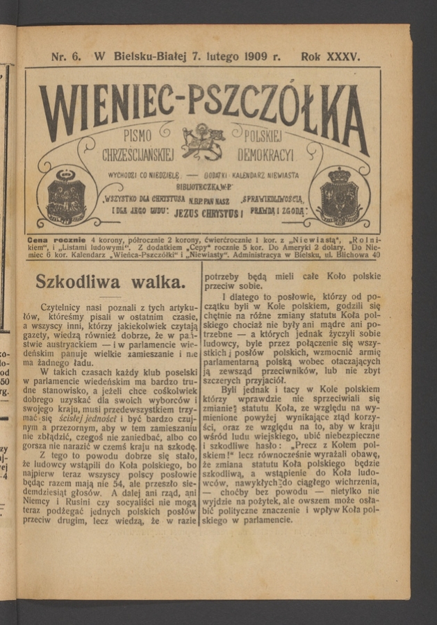 Wieniec-Pszczółka : pismo polskiej chrześcijańskiej demokracyi. Rok 35, 1909, numer 6