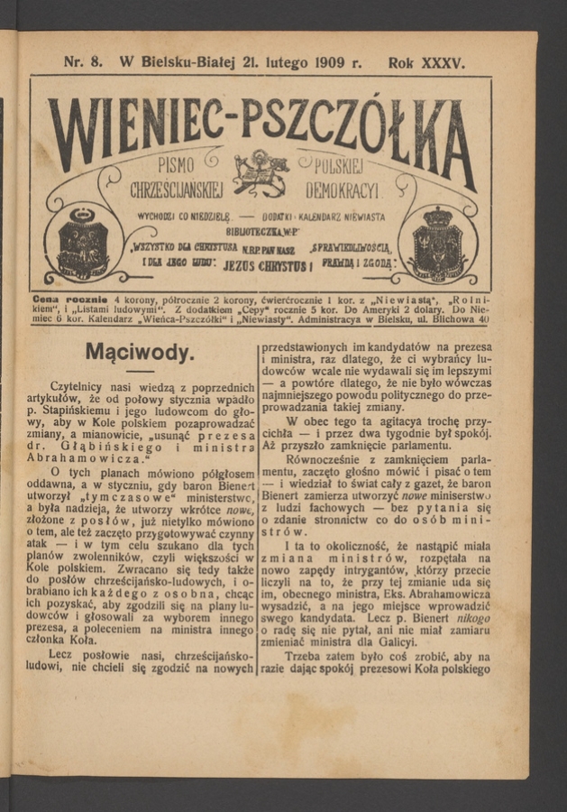Wieniec-Pszczółka : pismo polskiej chrześcijańskiej demokracyi. Rok 35, 1909, numer 8
