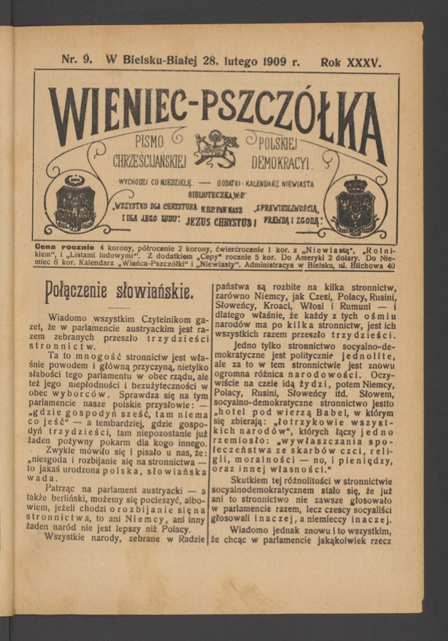 Wieniec-Pszczółka : pismo polskiej chrześcijańskiej demokracyi. Rok 35, 1909, numer 9