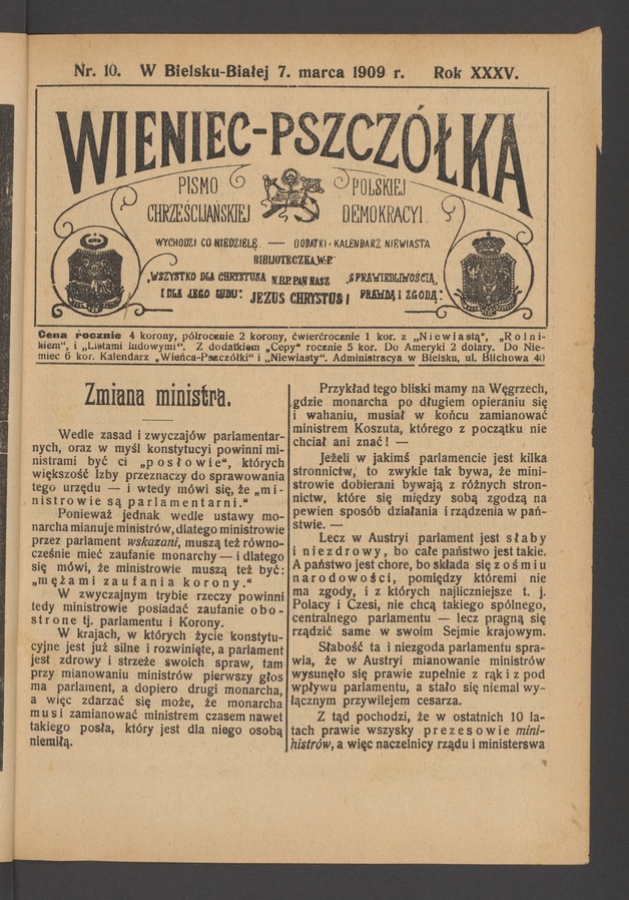 Wieniec-Pszczółka : pismo polskiej chrześcijańskiej demokracyi. Rok 35, 1909, numer 10