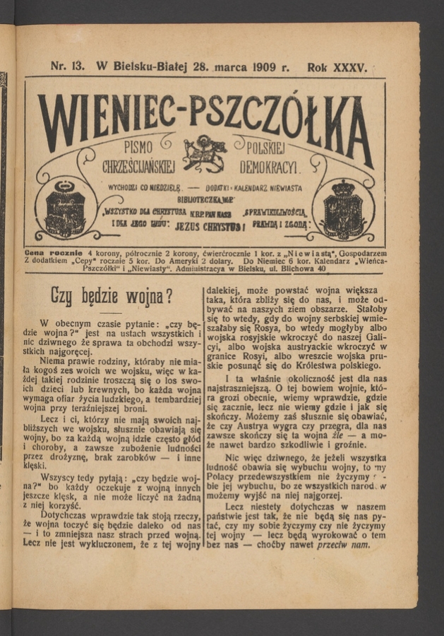Wieniec-Pszczółka : pismo polskiej chrześcijańskiej demokracyi. Rok 35, 1909, numer 13