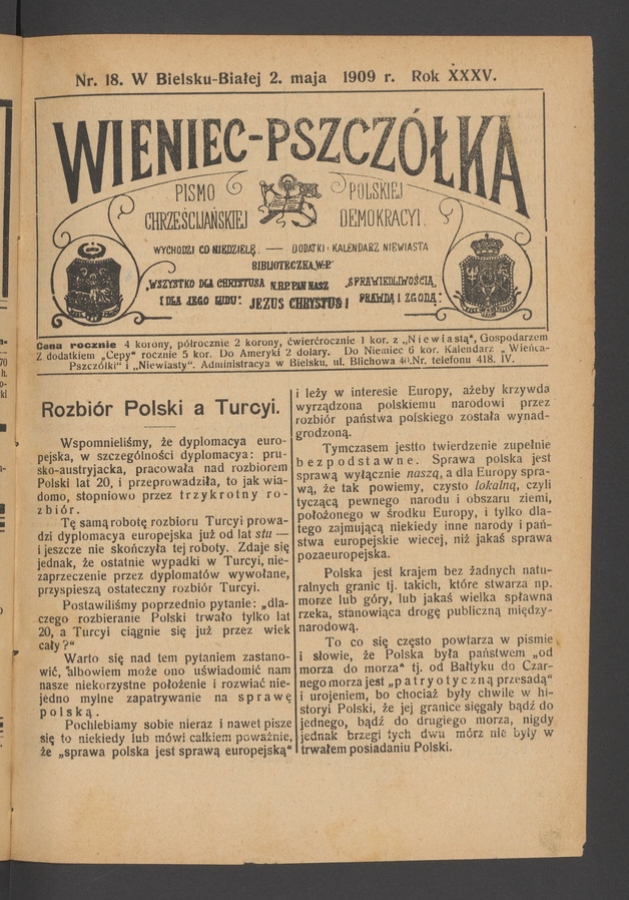 Wieniec-Pszczółka : pismo polskiej chrześcijańskiej demokracyi. Rok 35, 1909, numer 18