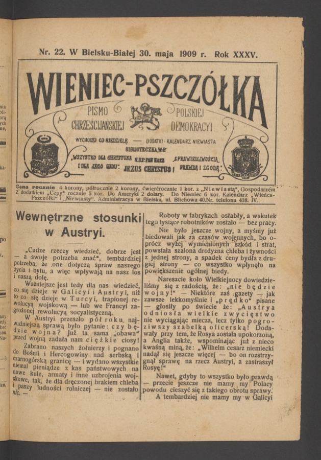 Wieniec-Pszczółka : pismo polskiej chrześcijańskiej demokracyi. Rok 35, 1909, numer 22