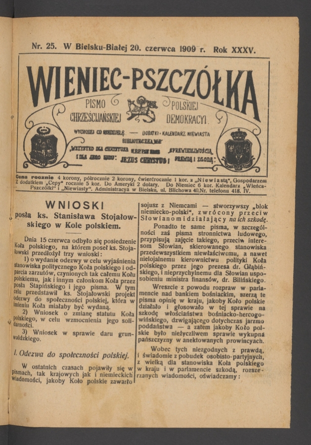 Wieniec-Pszczółka : pismo polskiej chrześcijańskiej demokracyi. Rok 35, 1909, numer 25