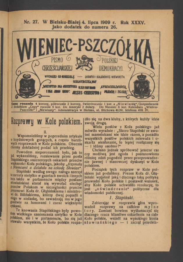Wieniec-Pszczółka : pismo polskiej chrześcijańskiej demokracyi. Rok 35, 1909, numer 27 (jako dodatek do numeru 26)