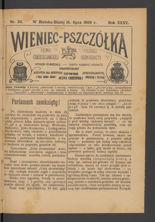 Wieniec-Pszczółka : pismo polskiej chrześcijańskiej demokracyi. Rok 35, 1909, numer 29