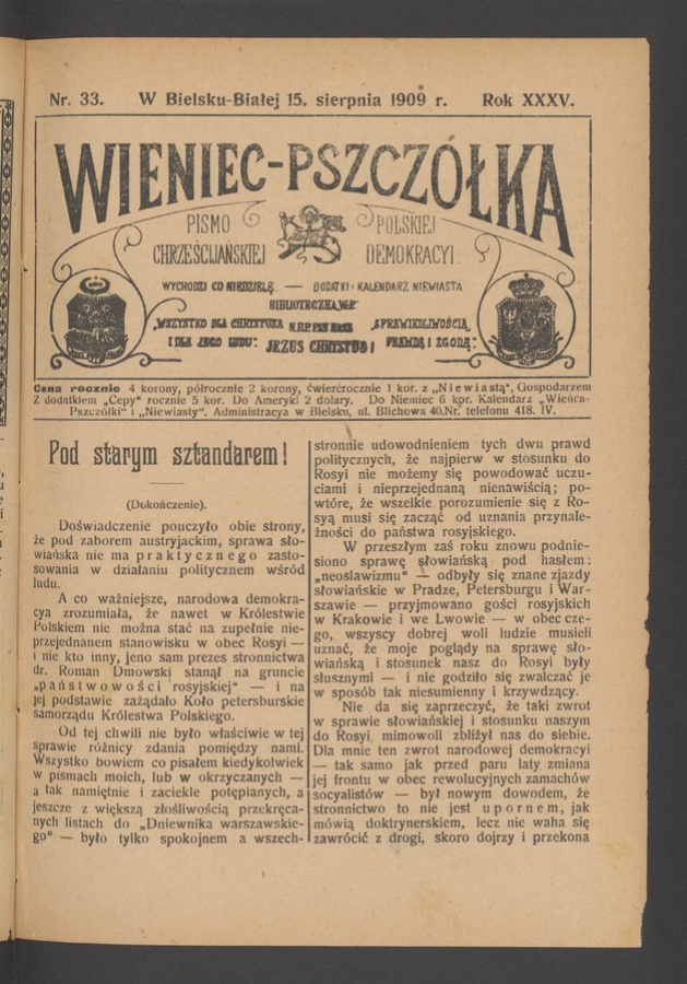 Wieniec-Pszczółka : pismo polskiej chrześcijańskiej demokracyi. Rok 35, 1909, numer 33