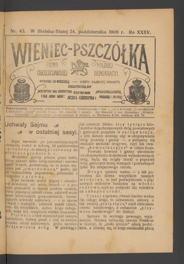 Wieniec-Pszczółka : pismo polskiej chrześcijańskiej demokracyi. Rok 35, 1909, numer 43