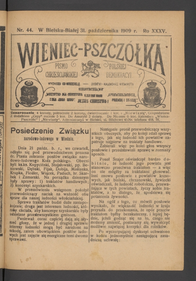 Wieniec-Pszczółka : pismo polskiej chrześcijańskiej demokracyi. Rok 35, 1909, numer 44