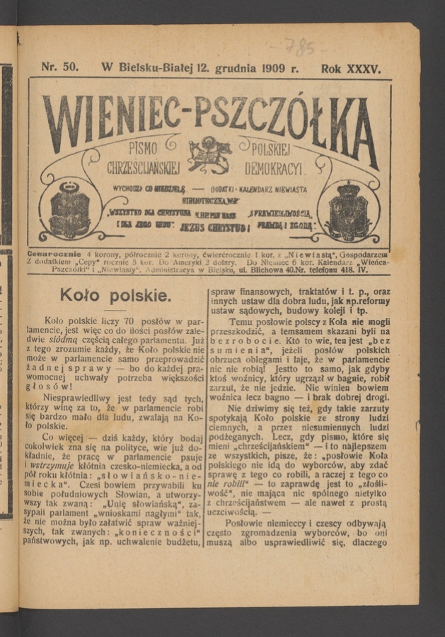Wieniec-Pszczółka : pismo polskiej chrześcijańskiej demokracyi. Rok 35, 1909, numer 50
