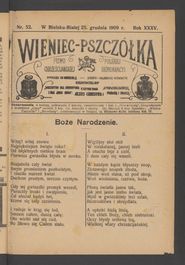 Wieniec-Pszczółka : pismo polskiej chrześcijańskiej demokracyi. Rok 35, 1909, numer 52