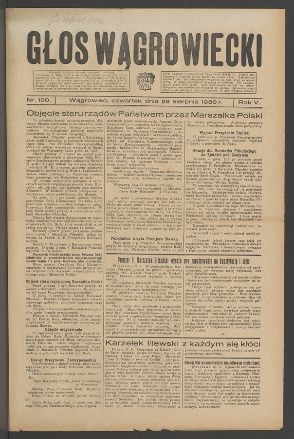 Głos Wągrowiecki. Rok 5, 1930, numer 100