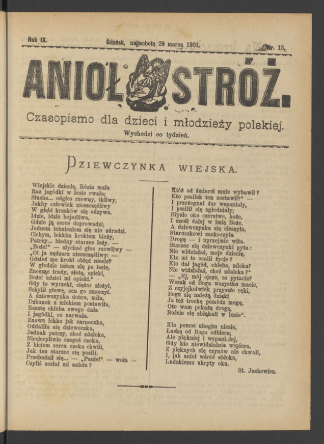 Anioł Str&oacute;ż&nbsp;: czasopismo dla&nbsp;dzieci i&nbsp;młodzieży polskiej. Rok 9, 1901, numer&nbsp;13