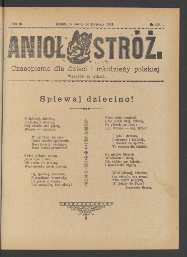 Anioł Str&oacute;ż&nbsp;: czasopismo dla&nbsp;dzieci i&nbsp;młodzieży polskiej. Rok 9, 1901, numer&nbsp;16