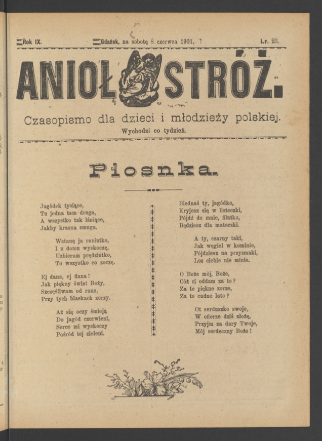 Anioł Str&oacute;ż&nbsp;: czasopismo dla&nbsp;dzieci i&nbsp;młodzieży polskiej. Rok 9, 1901, numer&nbsp;23