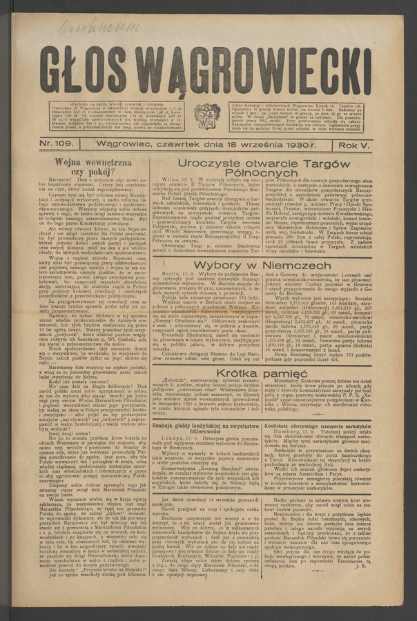 Głos Wągrowiecki. Rok 5, 1930, numer 109