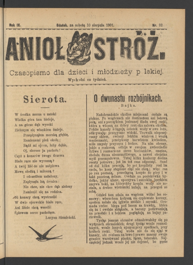 Anioł Str&oacute;ż&nbsp;: czasopismo dla&nbsp;dzieci i&nbsp;młodzieży polskiej. Rok 9, 1901, numer&nbsp;32