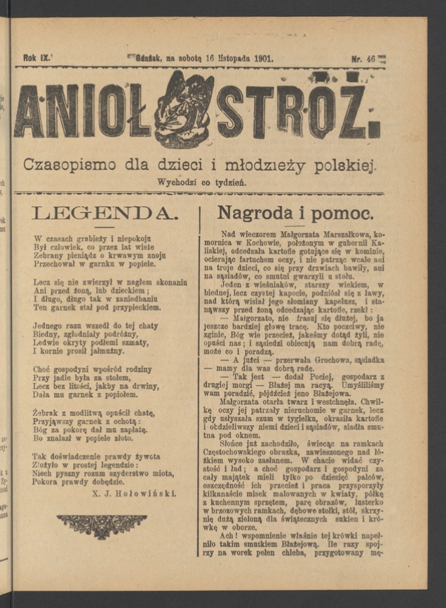 Anioł Str&oacute;ż&nbsp;: czasopismo dla&nbsp;dzieci i&nbsp;młodzieży polskiej. Rok 9, 1901, numer&nbsp;46
