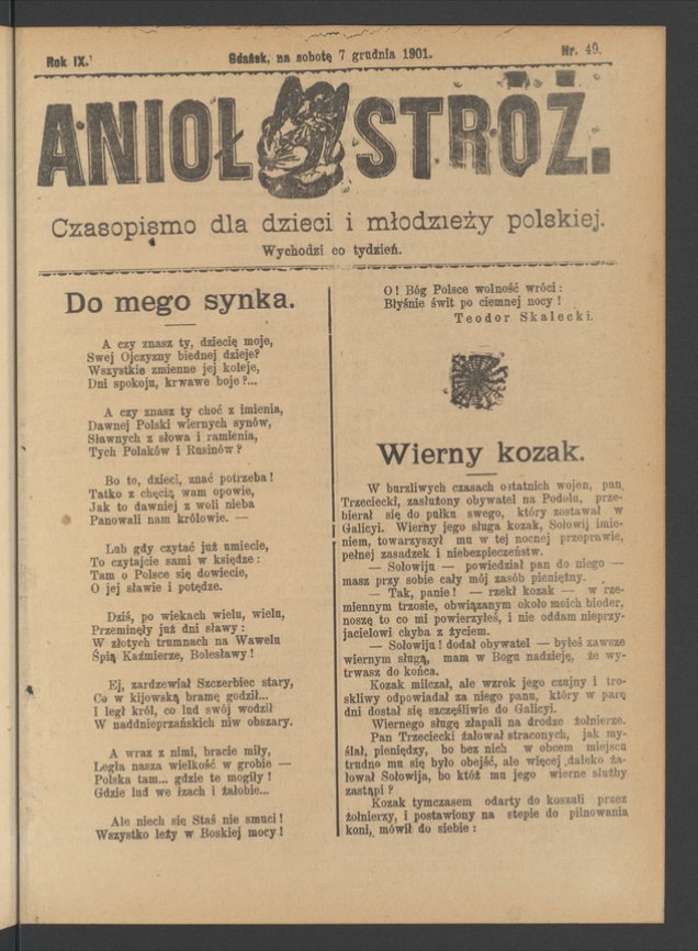 Anioł Str&oacute;ż&nbsp;: czasopismo dla&nbsp;dzieci i&nbsp;młodzieży polskiej. Rok 9, 1901, numer&nbsp;49