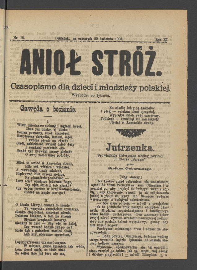 Anioł Str&oacute;ż&nbsp;: czasopismo dla&nbsp;dzieci i&nbsp;młodzieży polskiej. Rok 11, 1903, numer&nbsp;18