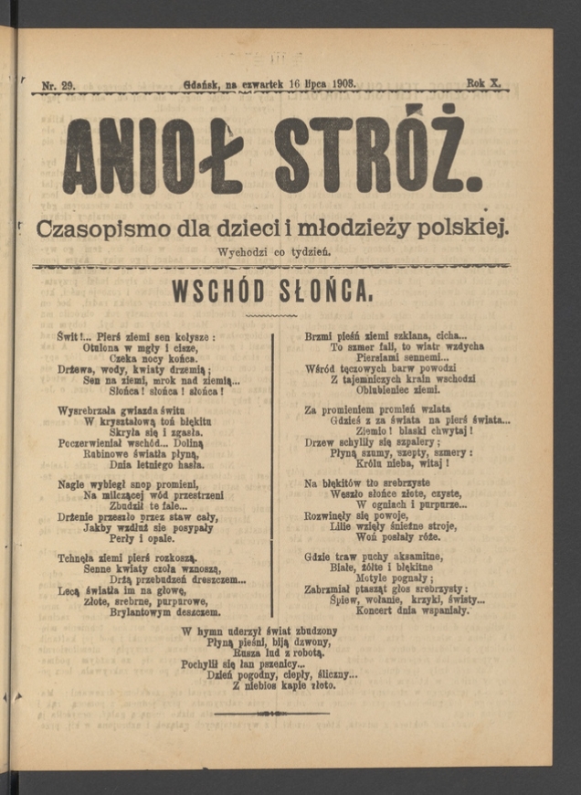 Anioł Str&oacute;ż&nbsp;: czasopismo dla&nbsp;dzieci i&nbsp;młodzieży polskiej. Rok 11, 1903, numer&nbsp;29